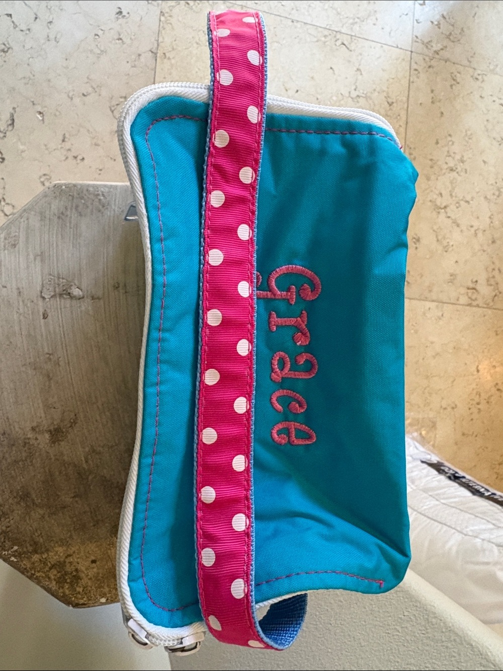 Personalized Kids Lunch Pouch - Turquoise with Pink Accents